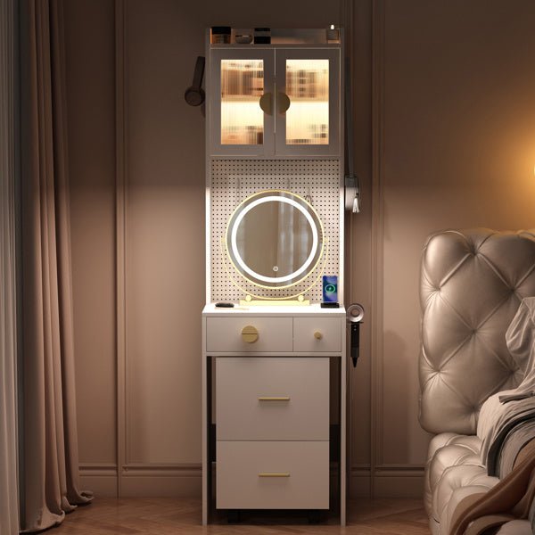 Compact White Vanity Desk with LED Mirror and Hidden Storage Stool - Monsta Online