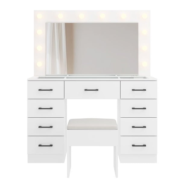 Glass Top Makeup Vanity with LED Bulb Vanity Mirror 9 Drawers and Charging Station - Monsta Online