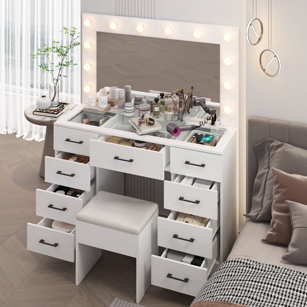 Glass Top Makeup Vanity with LED Bulb Vanity Mirror 9 Drawers and Charging Station - Monsta Online