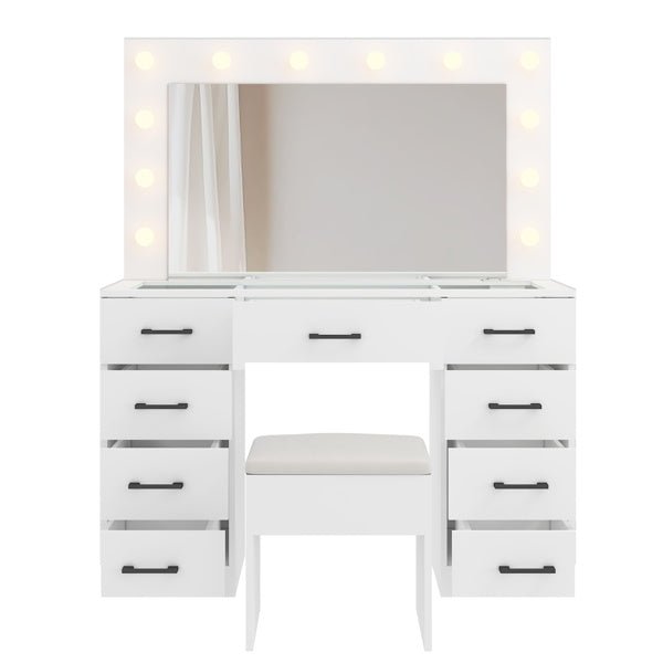Glass Top Makeup Vanity with LED Bulb Vanity Mirror 9 Drawers and Charging Station - Monsta Online
