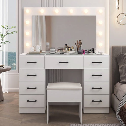 Glass Top Makeup Vanity with LED Bulb Vanity Mirror 9 Drawers and Charging Station - Monsta Online