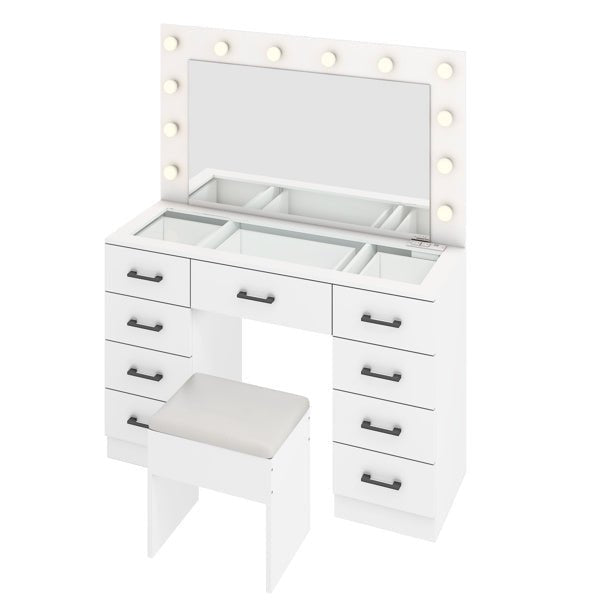 Glass Top Makeup Vanity with LED Bulb Vanity Mirror 9 Drawers and Charging Station - Monsta Online