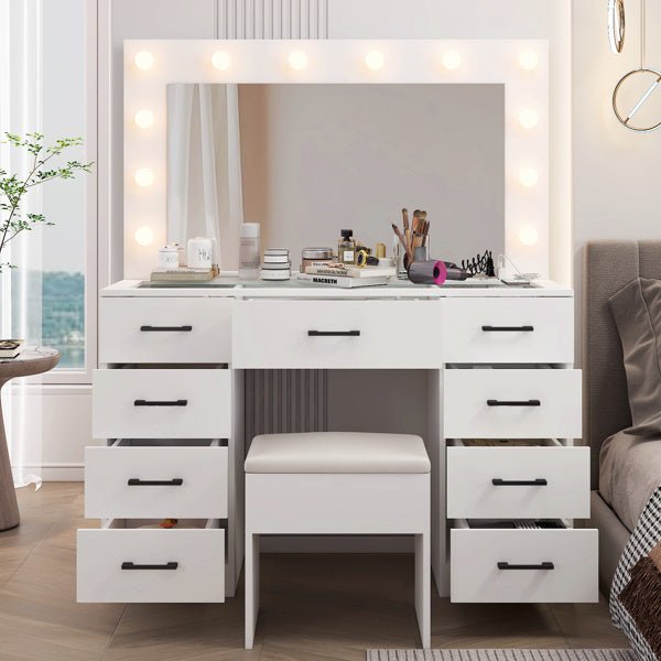 Glass Top Makeup Vanity with LED Bulb Vanity Mirror 9 Drawers and Charging Station - Monsta Online