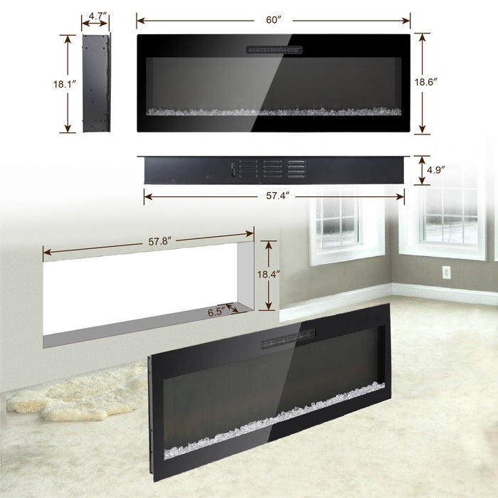 60 Inch Electric Fireplace Heater Wall Mounted and Recessed with Remote Control - Monsta Online