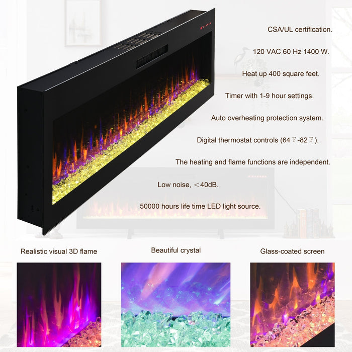 60 Inch Electric Fireplace Heater Wall Mounted and Recessed with Remote Control - Monsta Online
