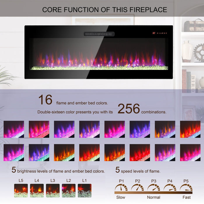 60 Inch Electric Fireplace Heater Wall Mounted and Recessed with Remote Control - Monsta Online