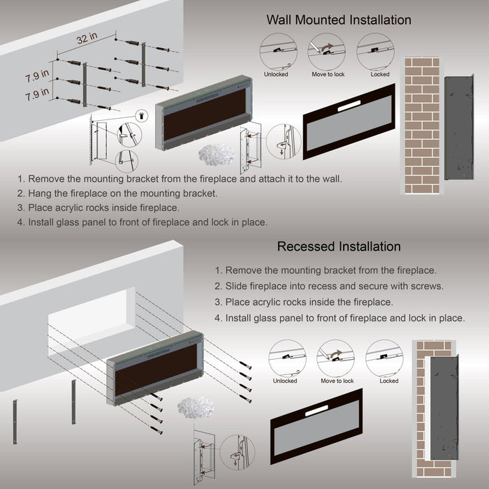60 Inch Electric Fireplace Heater Wall Mounted and Recessed with Remote Control - Monsta Online