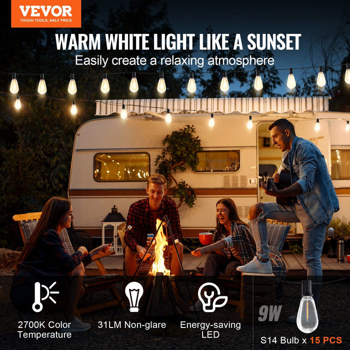 50FT LED Christmas Outdoor String Lights Waterproof Patio Café Lights with 15 Bulbs - Monsta Online