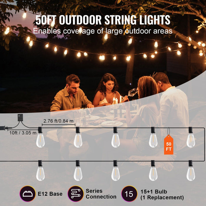 50FT LED Christmas Outdoor String Lights Waterproof Patio Café Lights with 15 Bulbs - Monsta Online