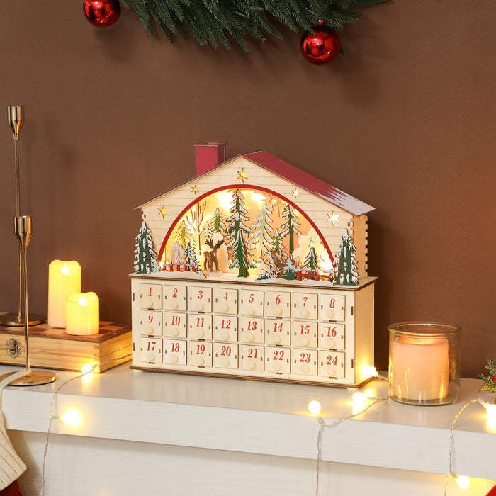 Wooden Christmas Advent Calendar House with LED Lights and 24 Drawers - Monsta Online