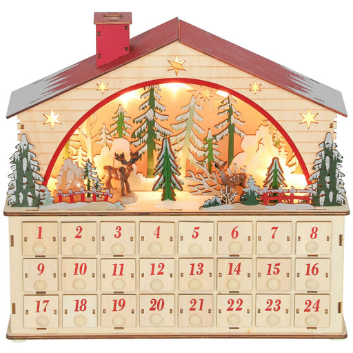 Wooden Christmas Advent Calendar House with LED Lights and 24 Drawers - Monsta Online