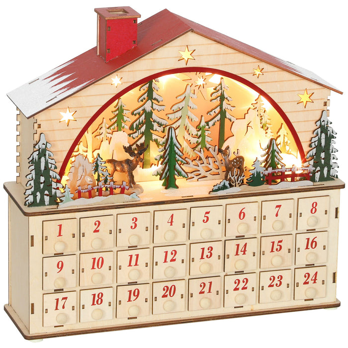 Wooden Christmas Advent Calendar House with LED Lights and 24 Drawers - Monsta Online
