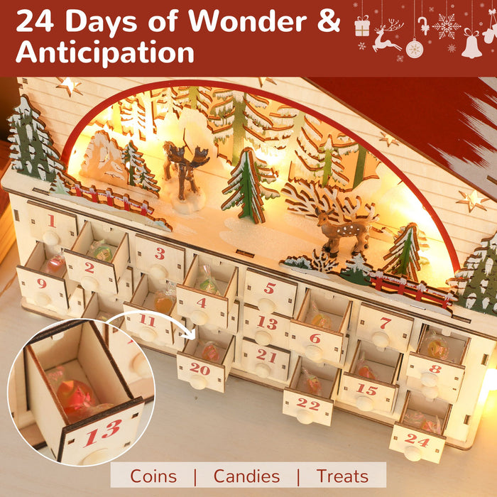 Wooden Christmas Advent Calendar House with LED Lights and 24 Drawers - Monsta Online