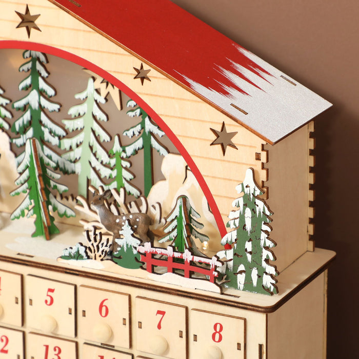 Wooden Christmas Advent Calendar House with LED Lights and 24 Drawers - Monsta Online