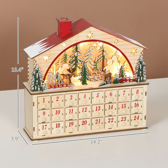 Wooden Christmas Advent Calendar House with LED Lights and 24 Drawers - Monsta Online