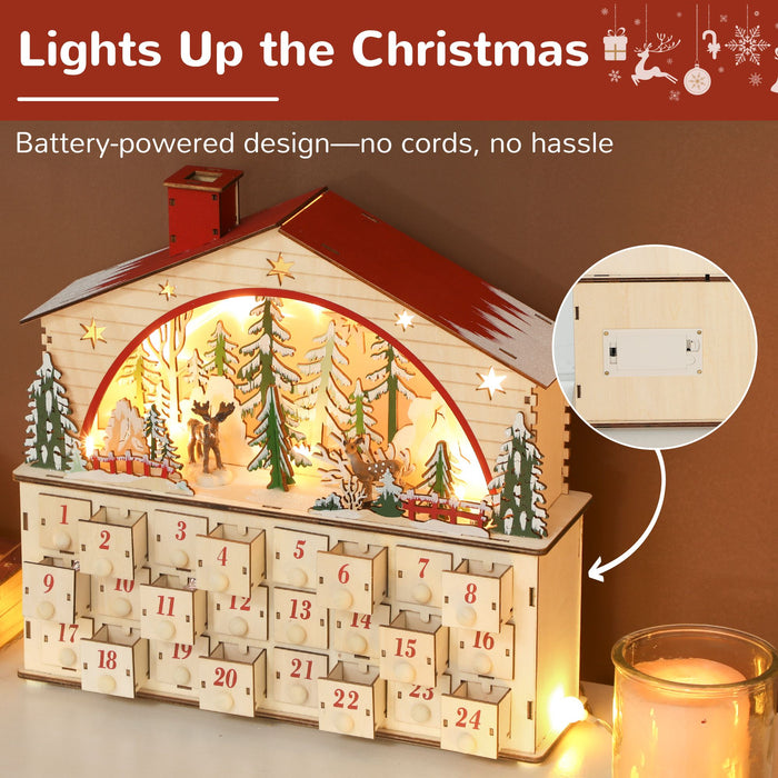 Wooden Christmas Advent Calendar House with LED Lights and 24 Drawers - Monsta Online
