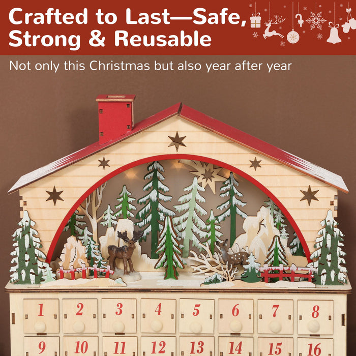 Wooden Christmas Advent Calendar House with LED Lights and 24 Drawers - Monsta Online