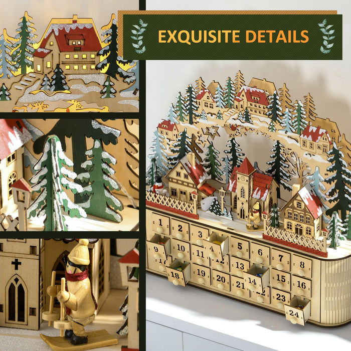 Wooden Christmas Advent Calendar Arched - Top with LED Lights and 24 Countdown Drawers - Monsta Online