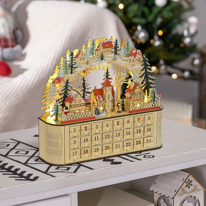 Wooden Christmas Advent Calendar Arched - Top with LED Lights and 24 Countdown Drawers - Monsta Online