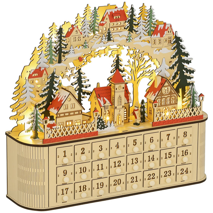 Wooden Christmas Advent Calendar Arched - Top with LED Lights and 24 Countdown Drawers - Monsta Online