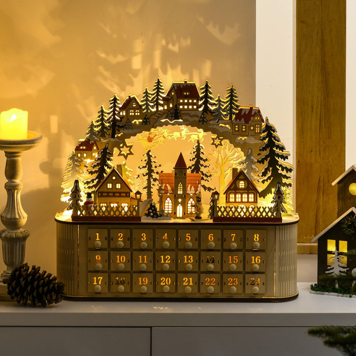 Wooden Christmas Advent Calendar Arched - Top with LED Lights and 24 Countdown Drawers - Monsta Online