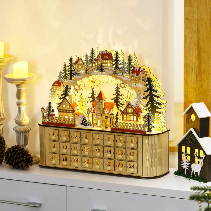 Wooden Christmas Advent Calendar Arched - Top with LED Lights and 24 Countdown Drawers - Monsta Online