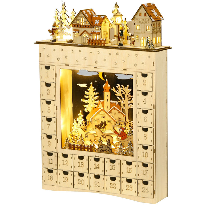 Light Up Christmas Wooden Advent Calendar Holiday Village Scene with 24 Drawers - Monsta Online