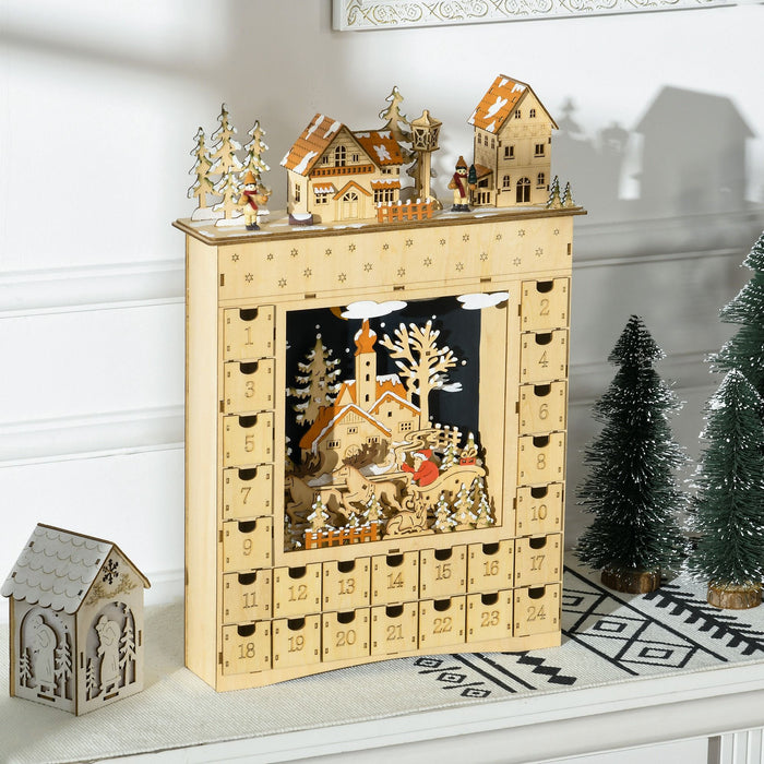 Light Up Christmas Wooden Advent Calendar Holiday Village Scene with 24 Drawers - Monsta Online