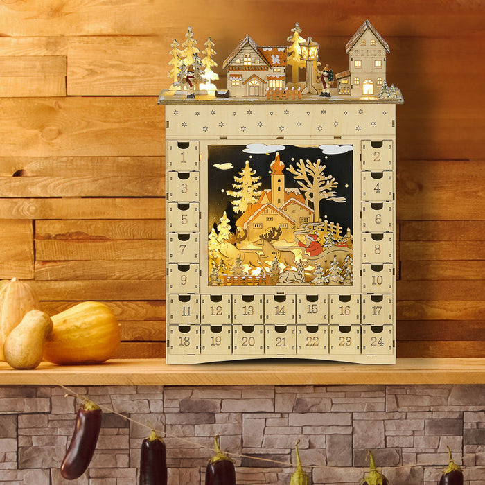 Light Up Christmas Wooden Advent Calendar Holiday Village Scene with 24 Drawers - Monsta Online