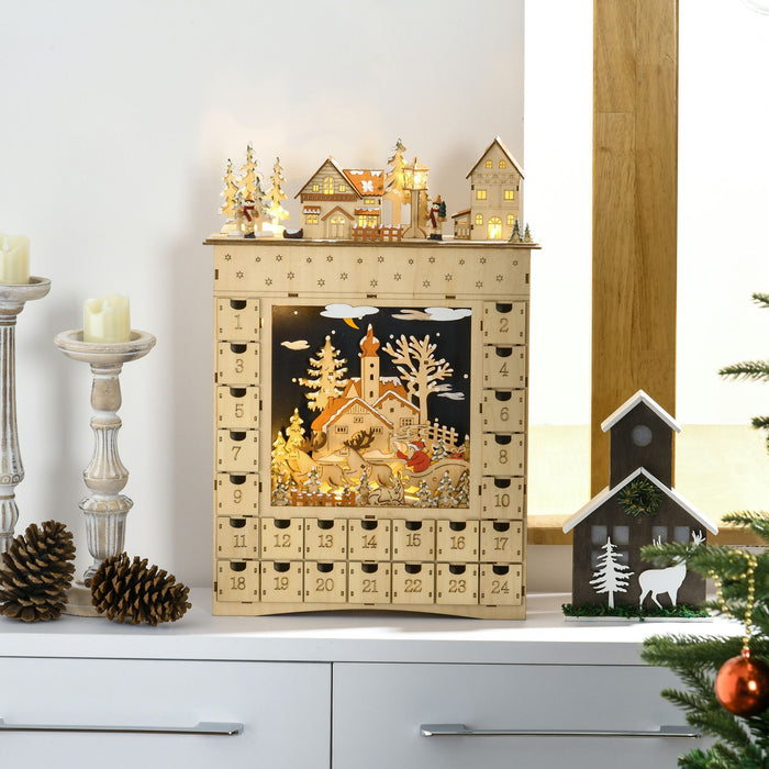 Light Up Christmas Wooden Advent Calendar Holiday Village Scene with 24 Drawers - Monsta Online