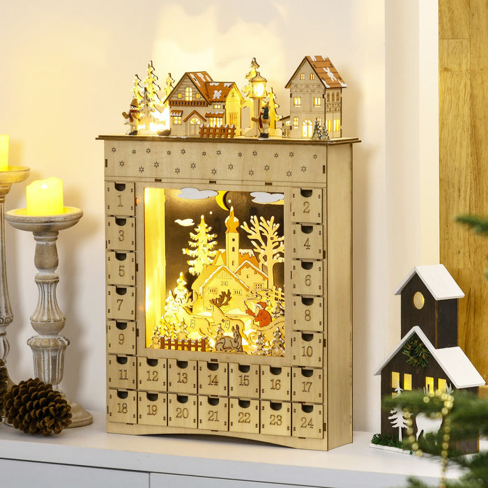 Light Up Christmas Wooden Advent Calendar Holiday Village Scene with 24 Drawers - Monsta Online