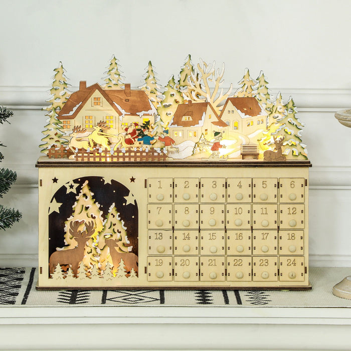 Light - Up Wooden Christmas Advent Calendar Holiday Countdown Box with 24 Drawers - Monsta Online
