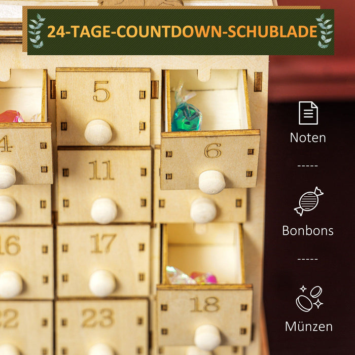Light - Up Wooden Christmas Advent Calendar Holiday Countdown Box with 24 Drawers - Monsta Online