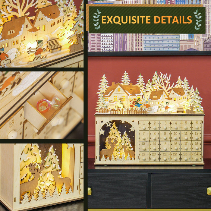 Light - Up Wooden Christmas Advent Calendar Holiday Countdown Box with 24 Drawers - Monsta Online