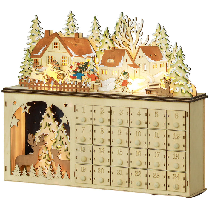 Light - Up Wooden Christmas Advent Calendar Holiday Countdown Box with 24 Drawers - Monsta Online