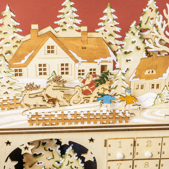 Light - Up Wooden Christmas Advent Calendar Holiday Countdown Box with 24 Drawers - Monsta Online