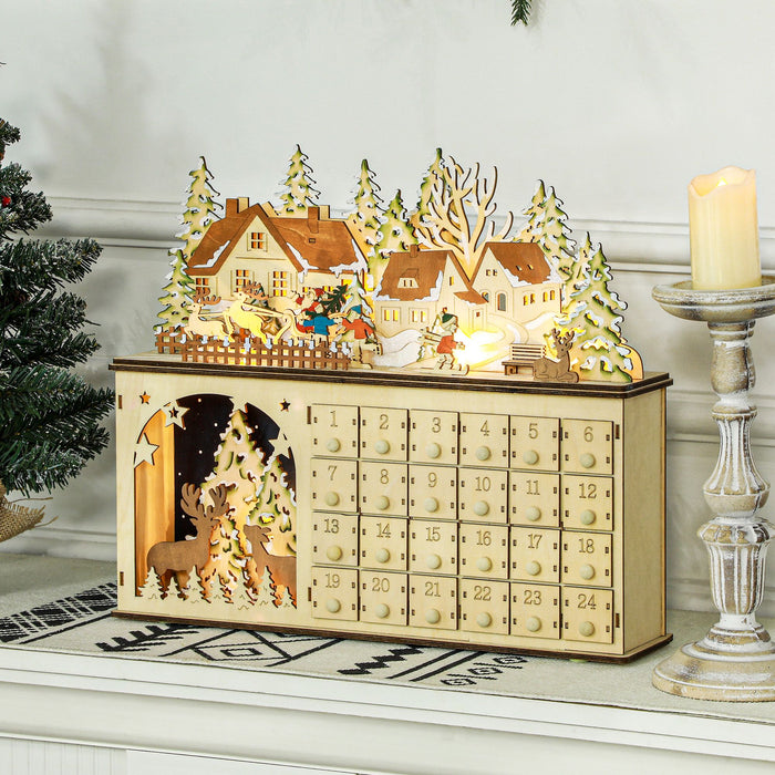 Light - Up Wooden Christmas Advent Calendar Holiday Countdown Box with 24 Drawers - Monsta Online