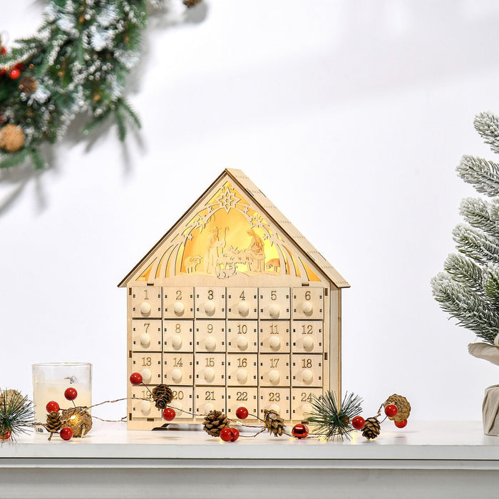 Wooden LED Christmas Advent Calendar Manger Scene with 24 Countdown Drawers - Monsta Online