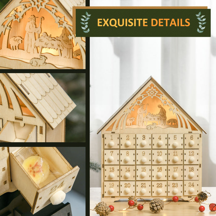 Wooden LED Christmas Advent Calendar Manger Scene with 24 Countdown Drawers - Monsta Online