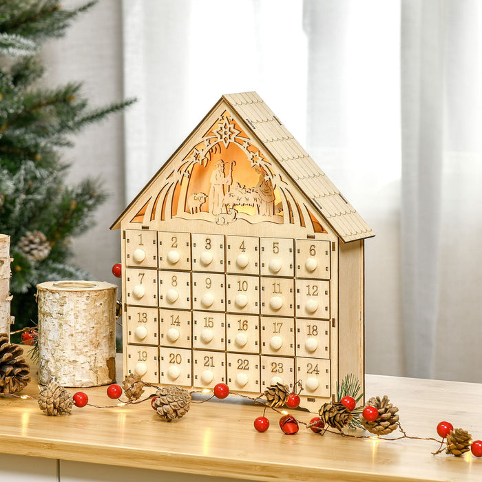Wooden LED Christmas Advent Calendar Manger Scene with 24 Countdown Drawers - Monsta Online