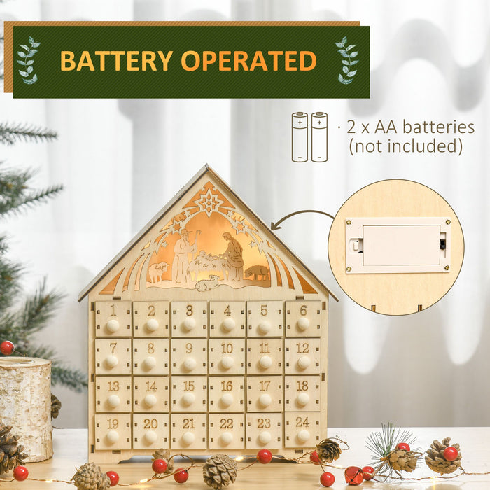 Wooden LED Christmas Advent Calendar Manger Scene with 24 Countdown Drawers - Monsta Online