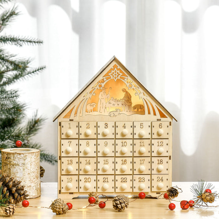 Wooden LED Christmas Advent Calendar Manger Scene with 24 Countdown Drawers - Monsta Online