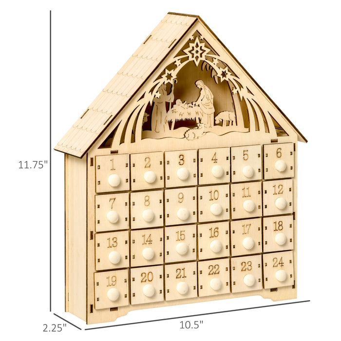 Wooden LED Christmas Advent Calendar Manger Scene with 24 Countdown Drawers - Monsta Online