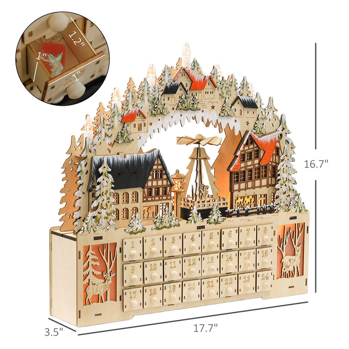 Large Wooden Christmas Advent Calendar with LED Lights and 24 Countdown Drawers - Monsta Online