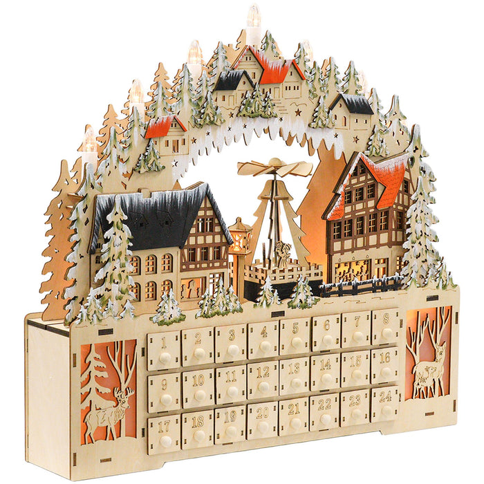 Large Wooden Christmas Advent Calendar with LED Lights and 24 Countdown Drawers - Monsta Online