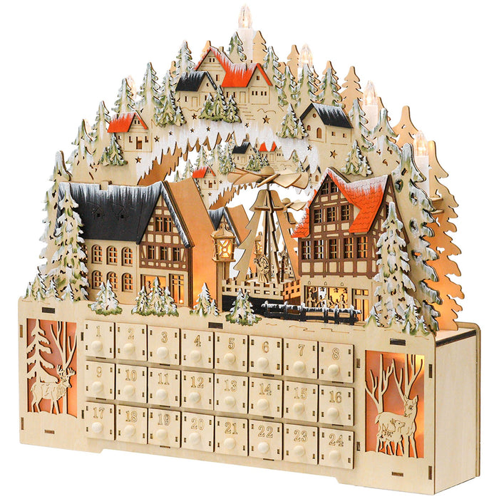 Large Wooden Christmas Advent Calendar with LED Lights and 24 Countdown Drawers - Monsta Online