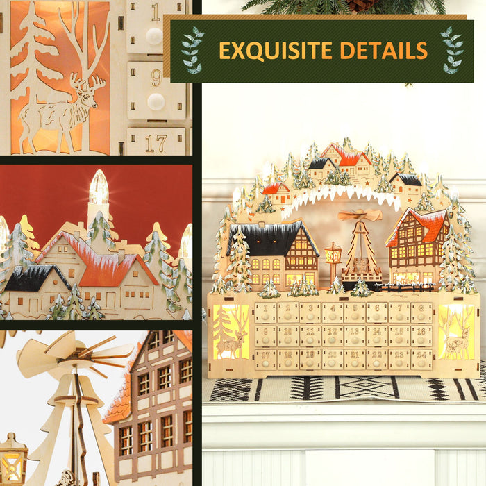 Large Wooden Christmas Advent Calendar with LED Lights and 24 Countdown Drawers - Monsta Online
