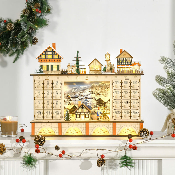 Light Up Wooden Christmas Advent Calendar Village Scene with 24 Fillable Drawers - Monsta Online
