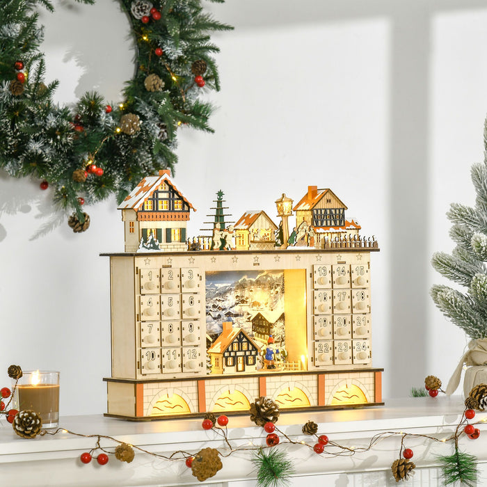Light Up Wooden Christmas Advent Calendar Village Scene with 24 Fillable Drawers - Monsta Online