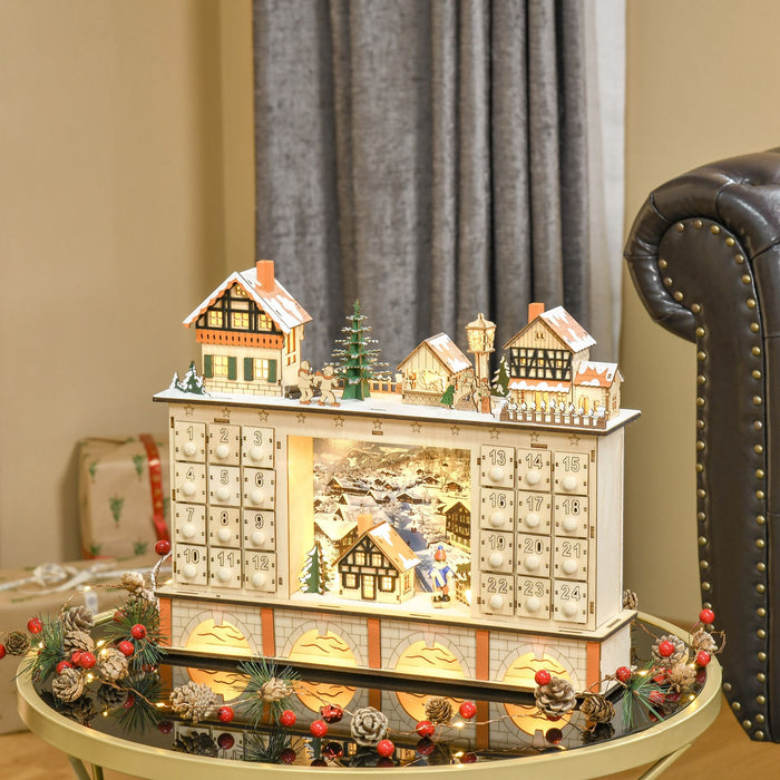Light Up Wooden Christmas Advent Calendar Village Scene with 24 Fillable Drawers - Monsta Online